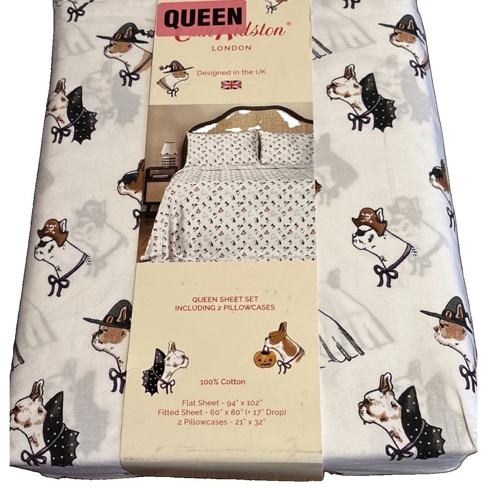 NWT Cath Kidston Halloween Dogs 4 Pc Queen Sheet Set Spooky Dog Print Bulldogs